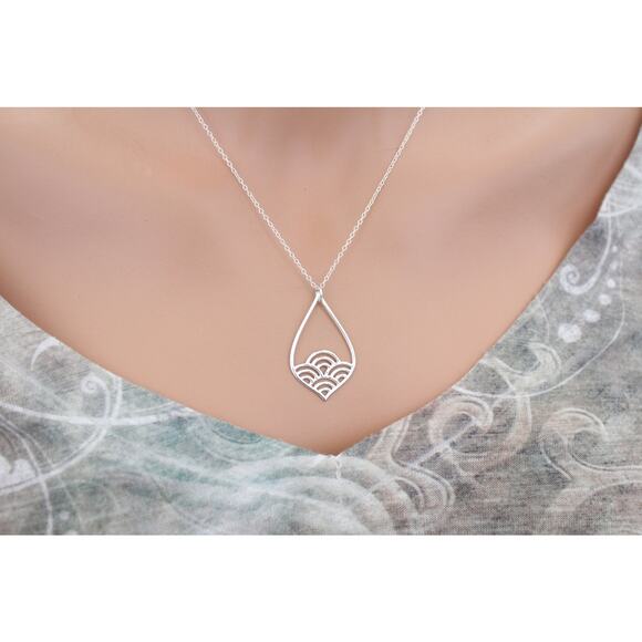 Sterling Silver Teardrop Charm with Wave Pattern Necklace - Picture 4 of 5